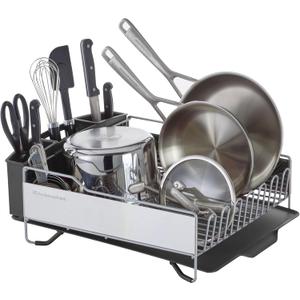 KitchenAid Large Capacity Full Size Rust Resistant Dish Rack with Angled Drain Board and Removable Flatware Caddy, Light Grey