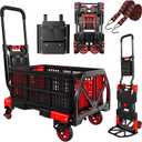 Folding Hand Truck, 2 in 1 Portable Heavy Duty Carrying Moving Dolly Cart with 4 Foldable Wheels and Retractable Handle Duty 330lbs (Red with Folding Basket)