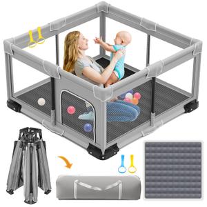 Foldable Playpen for Babies and Toddlers, 50x50 Inches Portable Playpen, Kids Collapsible Play Pen with 2 Handlers, Indoor & Outdoor Baby Fence Play Area with Visible Mesh, Light Gray