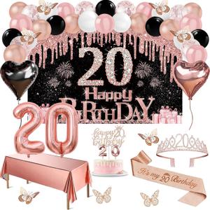 20th Birthday Decorations for Her, 49pcs Black Rose Gold Black Banner, Tablecloth, Butterfly Decor, 20th Birthday Sash and Tiara, Cake Topper, Candles, Balloons Arch