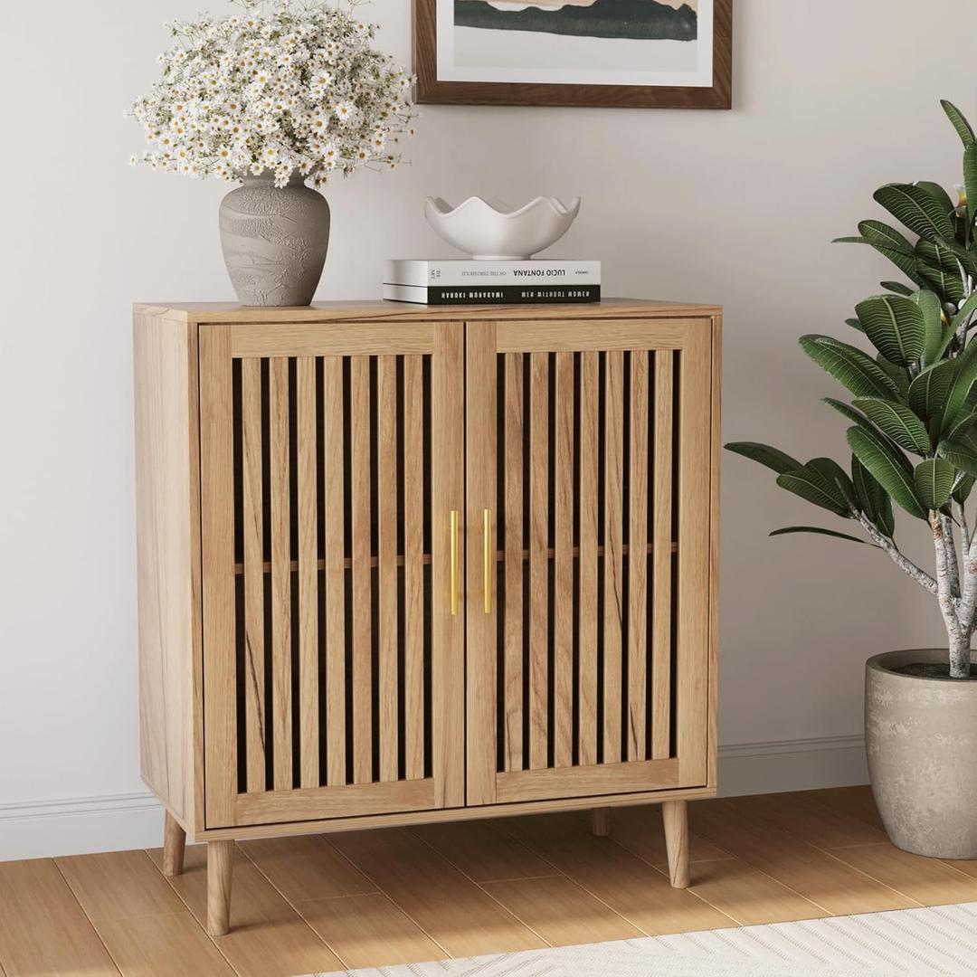 Smart FENDEE Sideboard Cabinet, 31.5" W Farmhouse Buffet Cabinet with Slatted Doors & Adjustable Shelf, Wooden Coffee Bar Storage Station for Kitchen, Dining Room, Living Room, Entryway, Natural Oak