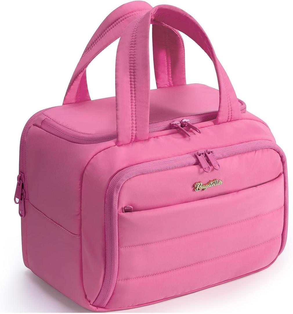 Bagstellar Travel Toiletry Bag for Women, Lightweight Large Quilted Puffy Makeup Bag Wide-open Make up Organizer Cloud Cosmetic Bag w/Handle for Traveling, Toiletries Essentials Accessories Rose Pink