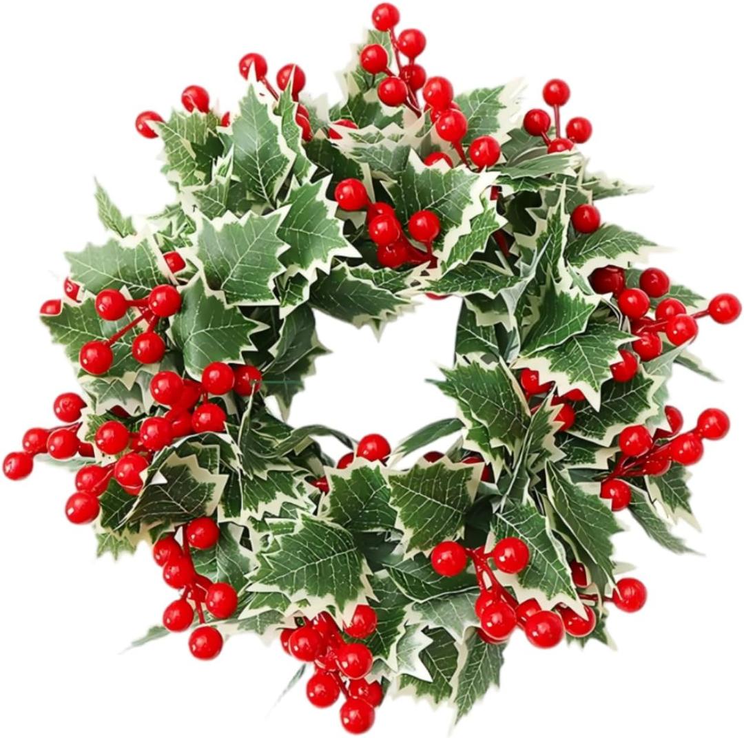 Christmas Holly Wreath, Adorned with red Berries and Variegated Leaves, a Traditional Holiday Door Decoration, Festive Ornamentation. (Green 3)