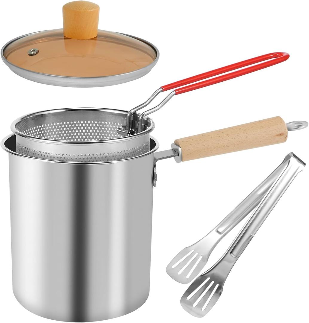 Deep Fryer Pot with Strainer Basket & Lid, 3L Japanese Tempura Frying Pot, Stainless Steel Small Deep Frying Pan Heat Resistant Chip Pan Fryer Mini Frying Oil Container for Fries Fish Shrimp