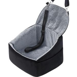 Dog Car Seat for Small Dogs, Dog Booster Seat with Extendable Backrest, Pet Car Seats up to 30 lbs, Washable Removable Cover Travel Bed with Storage Pockets and 2 Safety Leashes, Black&Grey