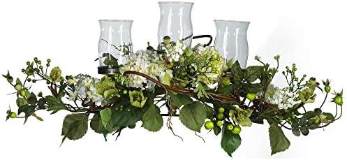 Nearly Natural 4634-CR Hydrangea Triple Candleabrum Centerpiece, Cream 29" x 10.25" x 10.25"