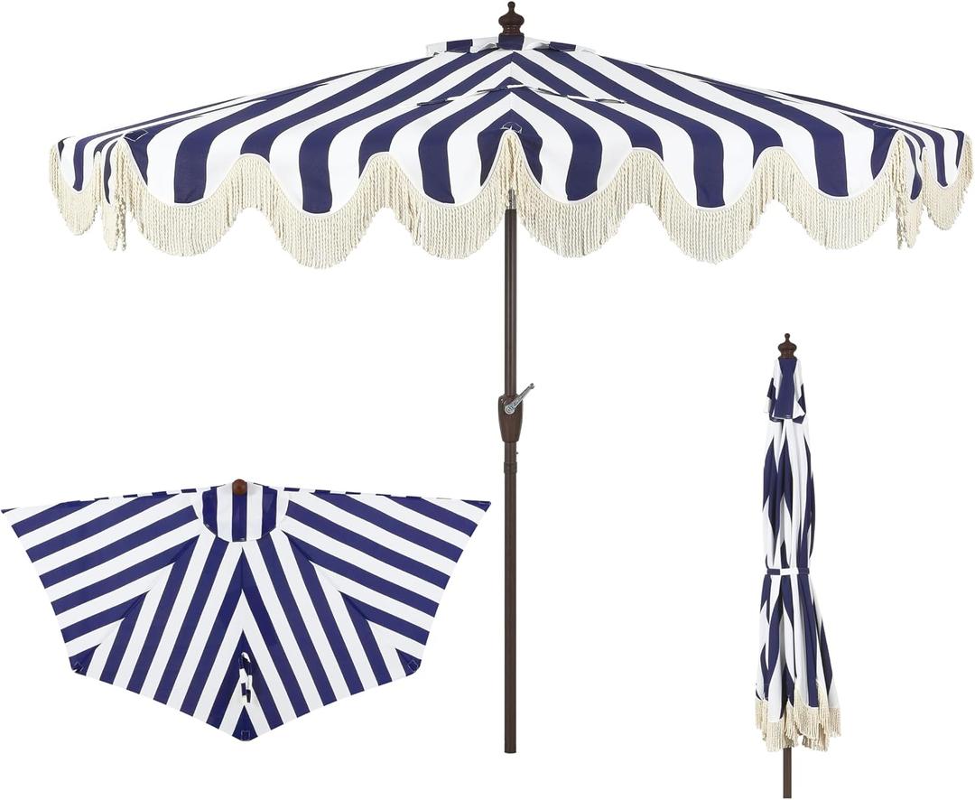JONATHAN Y Half Umbrella UMB1201B Beverly 9 ft. Designer Classic Scalloped Fringe Market Patio with Crank, Push Button Tilt and UV Protection in Navy/White, 108 Inches