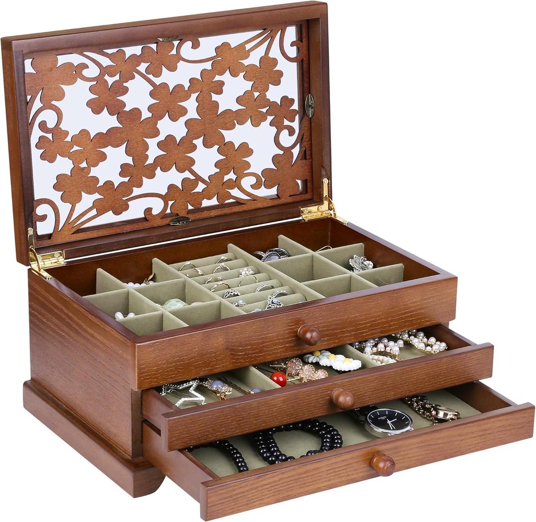 Kendal Wooden Jewelry Box for Women, Real Wooden Jewelry Holder Organizer Box with Four Leaf Clover Patterns, Graduation Gift Jewelry Boxes for Storage Earrings Rings Bracelet, Ideal Gift for Mom (3 Layer with Green Lining)