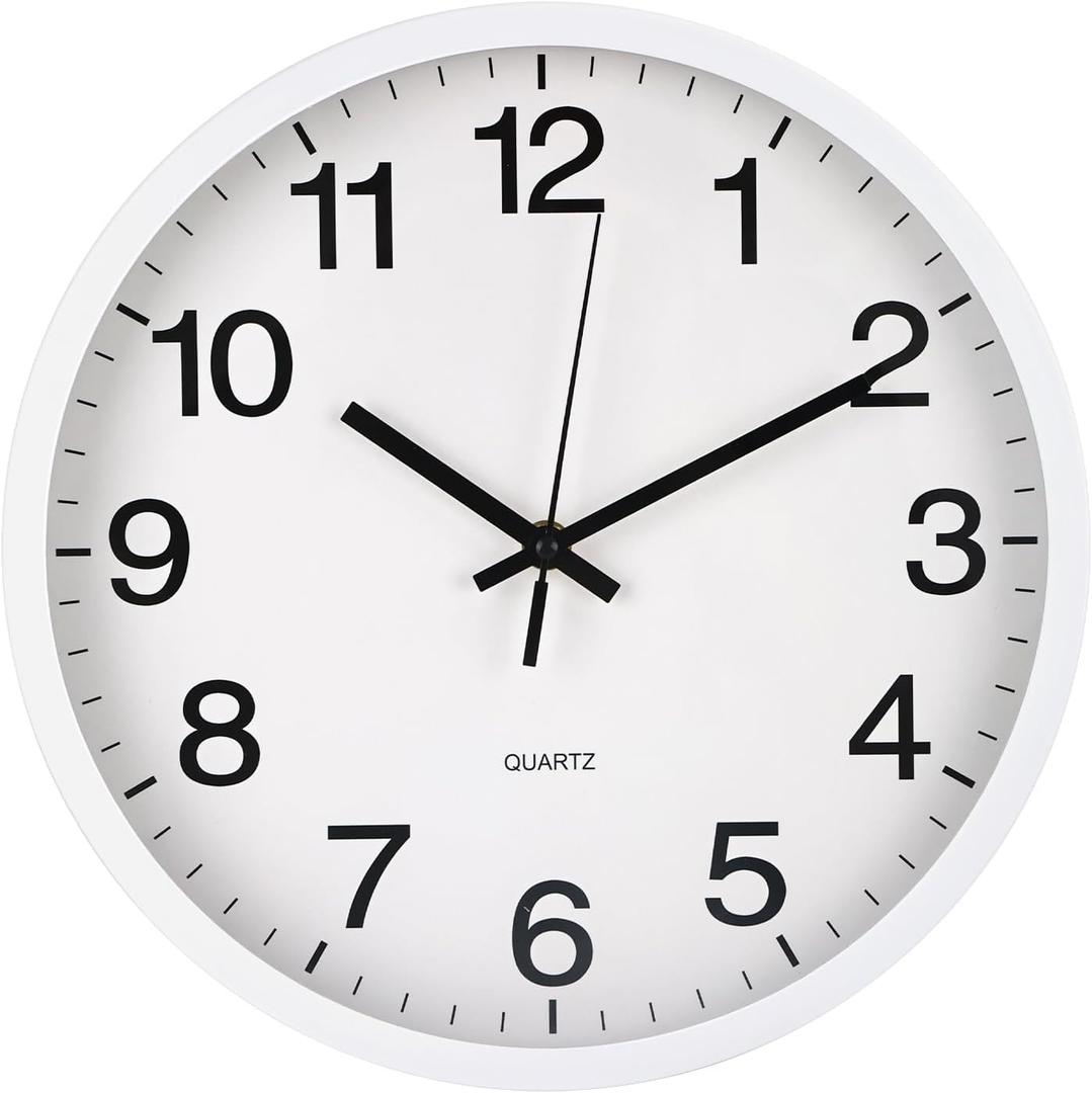 Wall Clock Non-Ticking Silent Quartz Movement Decor Clock Modern Simple Style Round Plastic Wall Clocks for Home/Office/School/Living Room/Bedroom/Kitchen (White, 12 Inch)