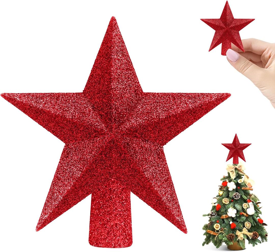3 x Mini Christmas Tree Topper, Small Star Tree Topper for Xmas Party (2.32 Inch, Glitter Red)