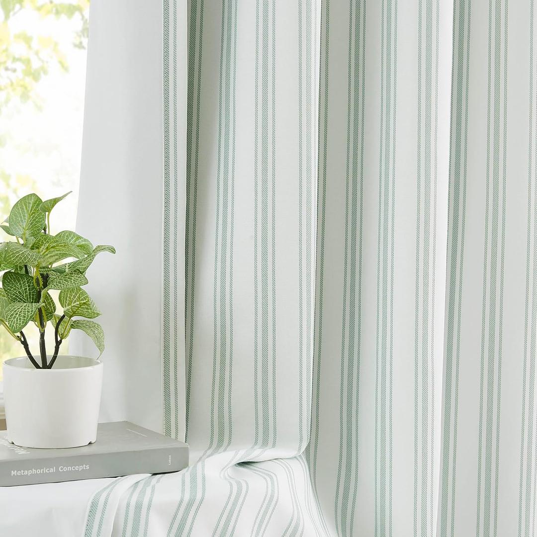 ZJDECOR 72 Inch Green White Striped Full Blackout Curtain Panels, 55"W x 72"L