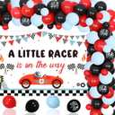 Race Car Baby Shower Decorations, A Little Racer is on the Way Backdrop Red Black Balloon Garland Arch Kit with Flag Print Latex Balloon for Vintage Lets Go Racing Party Supplies