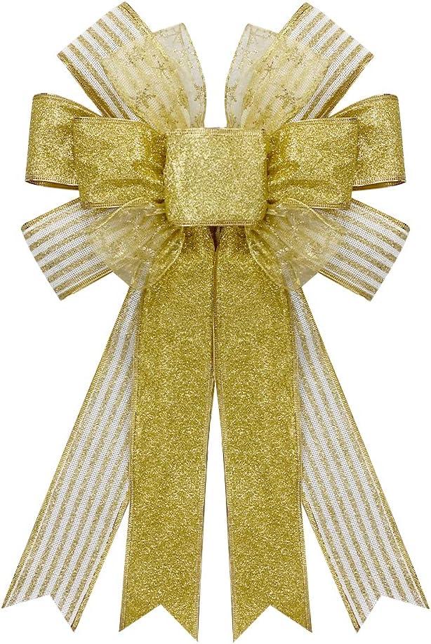 Large Burlap Christmas Wreath Topper Bows - Gold Glitter Ribbon Bows for Indoor/Outdoor Decorations
