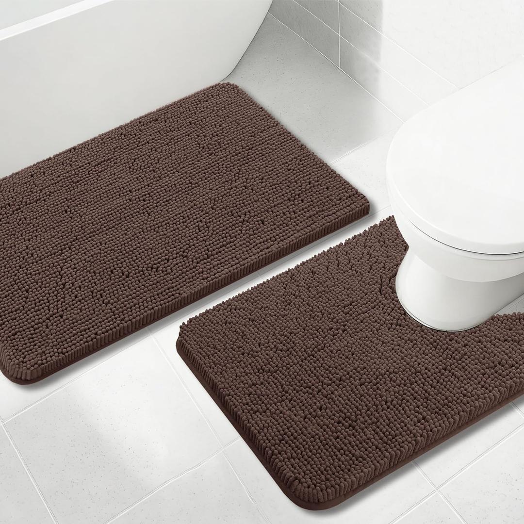 Bathroom Rugs Chenille, Extra Thick and Absorbent, Non-Slip, Machine Washable, Dry Quckily, Soft Cozy Plush, Used Under Shower Bathtub and Sink, Bath Mat Sets Coffee, 20 x 32 inch + 20 x 20 inch