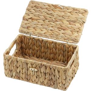Small Wicker Basket with Lid, Natural Water Hyacinth Storage Baskets for Organizing, Rectangular Woven Basket for Storage, Decorative Boxes Bins with Lids and Built-in Handles (10.2" x 6.3" x 3.9")