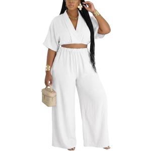 Choichic 2 Piece Sets for Women Summer Batwing Sleeve Crop Top and Wide Leg Pants Set Jumpsuits Beach Vacation Outfits (White, XXL)