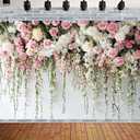 Pink Rose Flowers White Brick Wall Backdrop for Women Girls Birthday Party Banner Anniversary Wedding Baby Shower Bridal Party Decor Photo Booth Props (A, 7x5feet)