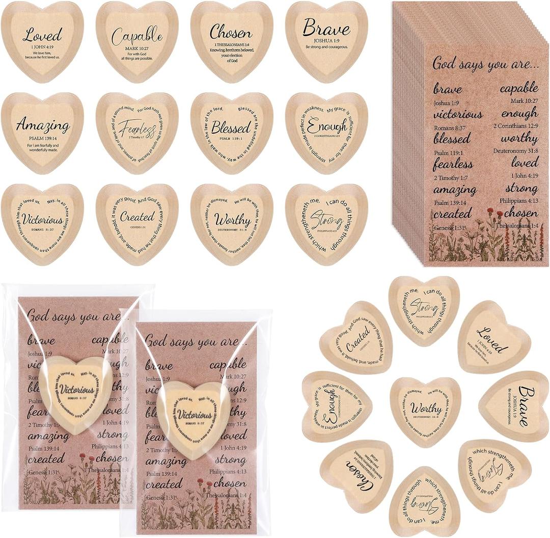 60 Set God Says You Are Inspirational Christian Gifts for Women Bulk, Religious Gifts Bulk Wooden Pocket Heart Token with Holy Encouragement Cards Prayer for Church Sunday School Women Coworker