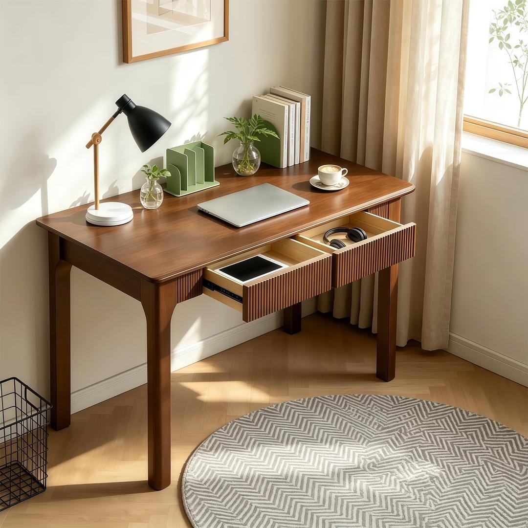 47" Fluted Solid Wood Desk with Drawers, Mid Century Modern Desk