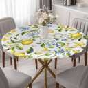 Summer Lemon Round Fitted Tablecloth Farm Fruit Blue Flower Green Leaf Botanical Elastic Table Cloth Waterproof Oil Proof Table Cover Fits 45"-54" Round Tables for Party Picnic Dinner Decor