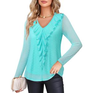 Gaharu Women's Dressy Blouses Long Sleeve Ruffle Shirts Casual Loose Fit Mesh Double Layers Flowy Tunic Tops (Blue, M)