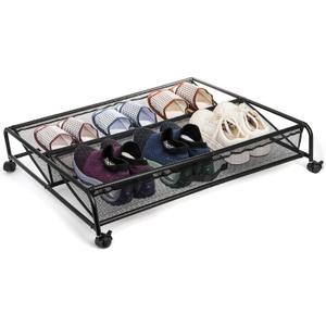 Goaste Under Bed Shoe Storage Organizer with Wheels, Rolling Underbed Storage Containers, Metal Shoe Rack Drawer Space Saving for Bedroom Organization, Shoes, Toys (Black)