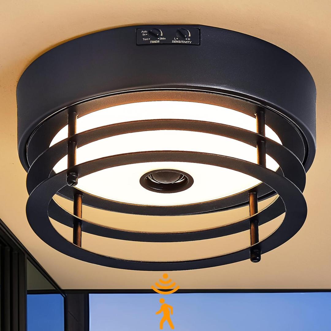 Yisuro Outdoor Ceiling Light with Motion Sensor Flush Mount Farm House Porch Light Ceiling Mount LED Light Fixture - Adjustable 3 Modes Sensor for Patio,Garage (Black)