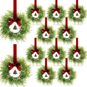 12 Christmas Kitchen Cabinet Wreaths with Velvet Ribbon Bell Mini Christmas Hanging Cabinet Doors Wreath Decorative for Farmhouse Kitchen Window Holiday (Red)