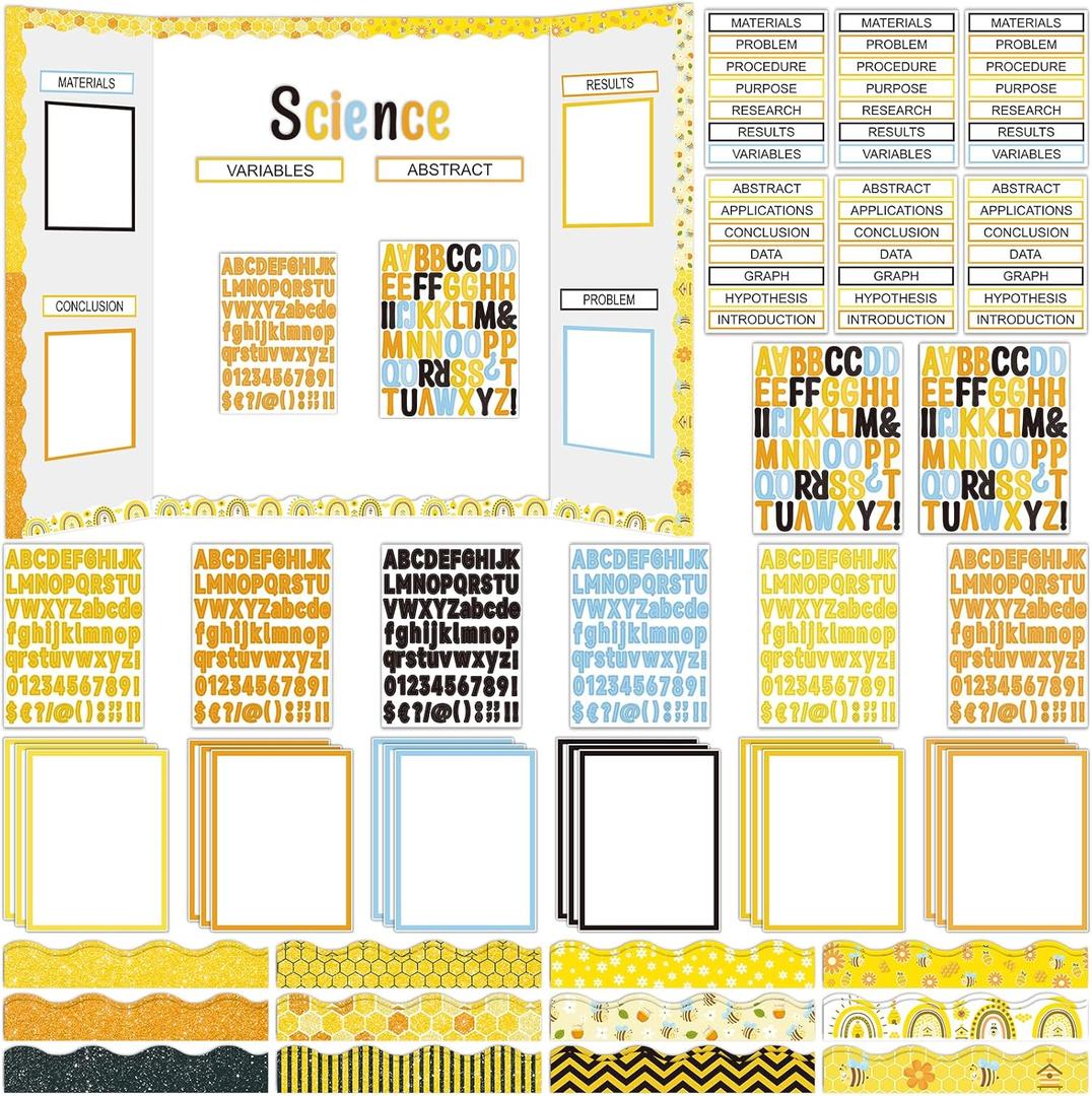 122Pcs Science Fair Board Supplies 72 Bee Trim Scalloped Borders 36 Presentation Board Subtitles 6 Self Adhesive Project Titles 8 Letter Stickers for Classroom Office Decor(Bee)
