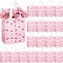 Supervitae 24 Pack Cherry Bow Birthday Gift Bags Red Pink Bow Cherry Medium Goodie Party Bags Spring Reusable Totes Non Woven Totes for Birthday Baby Bridal Shower Family Travel (9.8" x 7.9" x 3.9")