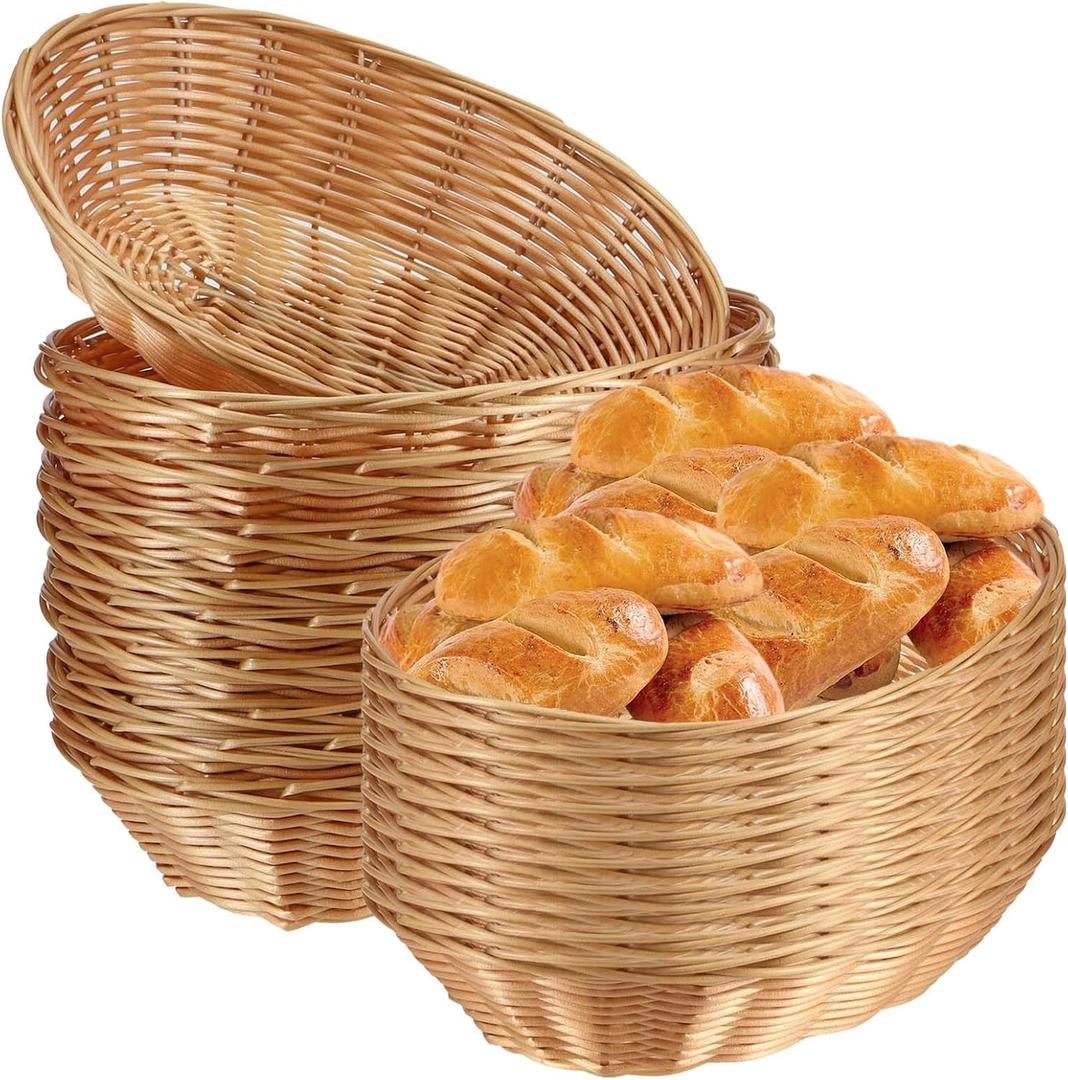 SINJEUN 30 Pack Wicker Bread Basket, Handwoven Oval Plastic Basket, Woven Tabletop Fruit Vegetables Food Serving Basket for Home, Kitchen, Restaurant, Light Brown (30 Pack 9 x 6 x 2.5 Inch)