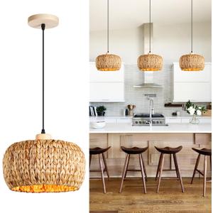 Boho Pendant Lights Kitchen Island, 11.8" Bohemian Rattan Hand-Woven Light Fixture Natural Seagrass Weaving Lighting Hanging Ceiling Chandelier for Restaurants Living Dining Room Farmhouse, Pack of 1 