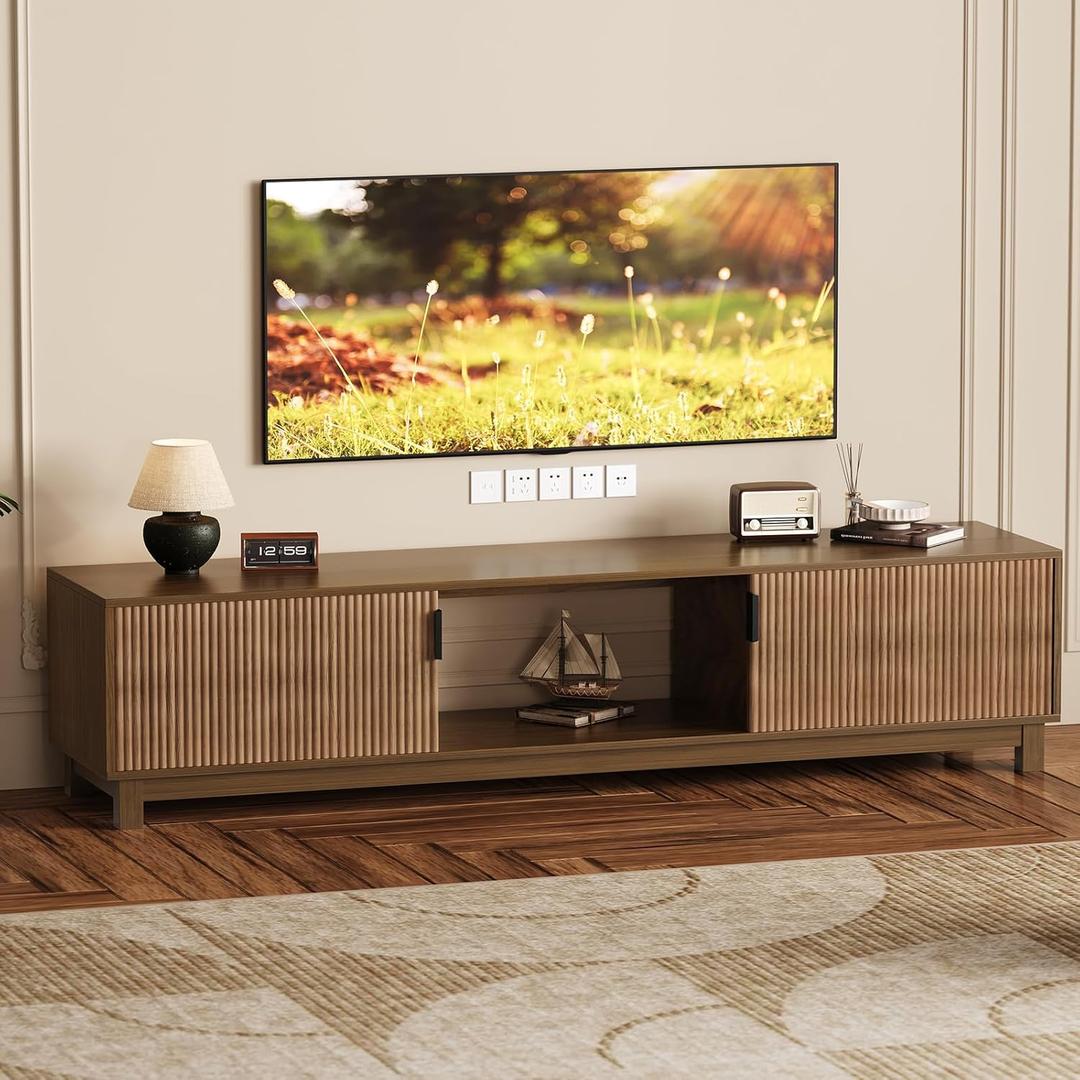 Garvee Fluted TV Stands for TVs Up to 80 in, Mid Century Modern Entertainment Center with Open Storage Compartments, 70 in Long Wooden TV Console for Living Room Bed Room- Walnut