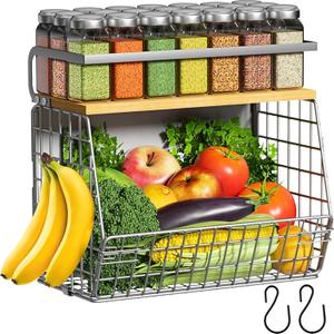 Ofiray-home Magnetic Fridge Shelf with Wood Lid, Fruit Potato Onion Storage Bins, Pantry Organizers, Large Container Spice Rack for Refrigerator, Kitchen Counter, Cabinet (1, Silver)