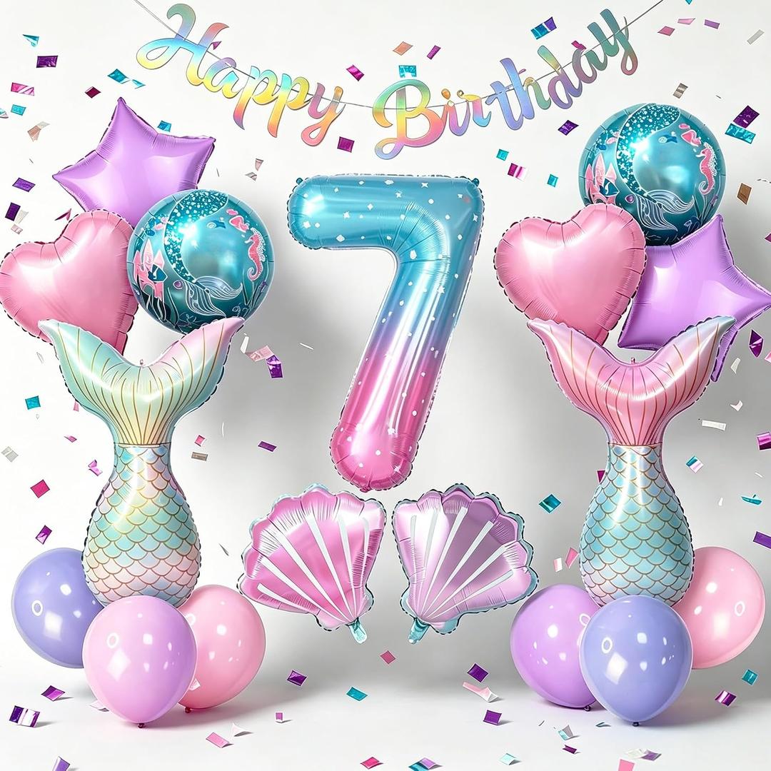 Mermaid Birthday Decorations for Girls Age 3-7, Purple Blue Pink Mermaid Theme Party Supplies with Large Shell Foil Balloons, Banner, Heart and Star Balloons for Kids Baby Shower (7th)