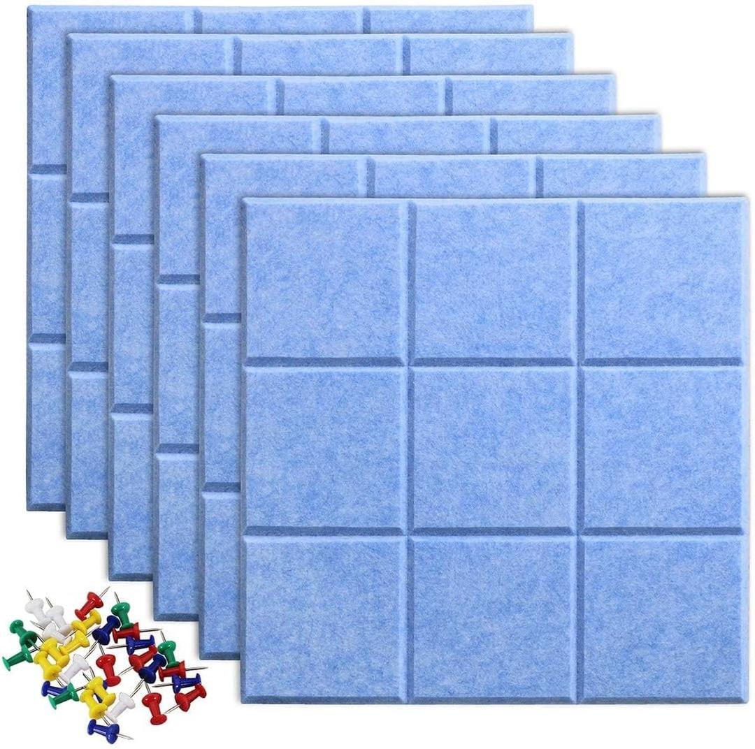 Large Cork Board Felt Board Tiles for Walls with 30 Push Pins, 11.8"x11.8" Pack of 6 Pin Board Notice Boards for Home Office Kitchen, Bulletin Board Wall Tiles for Photos Memos (6 Pack, Blue)