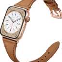 Slim Leather Bands Compatible with Apple Watch Band 42mm 41mm 40mm 38mm, Genuine Leather Replacement Strap for iWatch Series 10/9/8/7/6/5/4/3/2/1/SE Women, Brown/Rose Gold