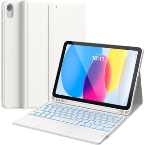 CHESONA for iPad 10th Generation Case with Keyboard, 7 Color Backlight, Multi-Touch Trackpad, Flip Stand Case with Pencil Holder, 2 Wireless Channels for iPad (A16) 11th/10th Gen (2025/2022), White