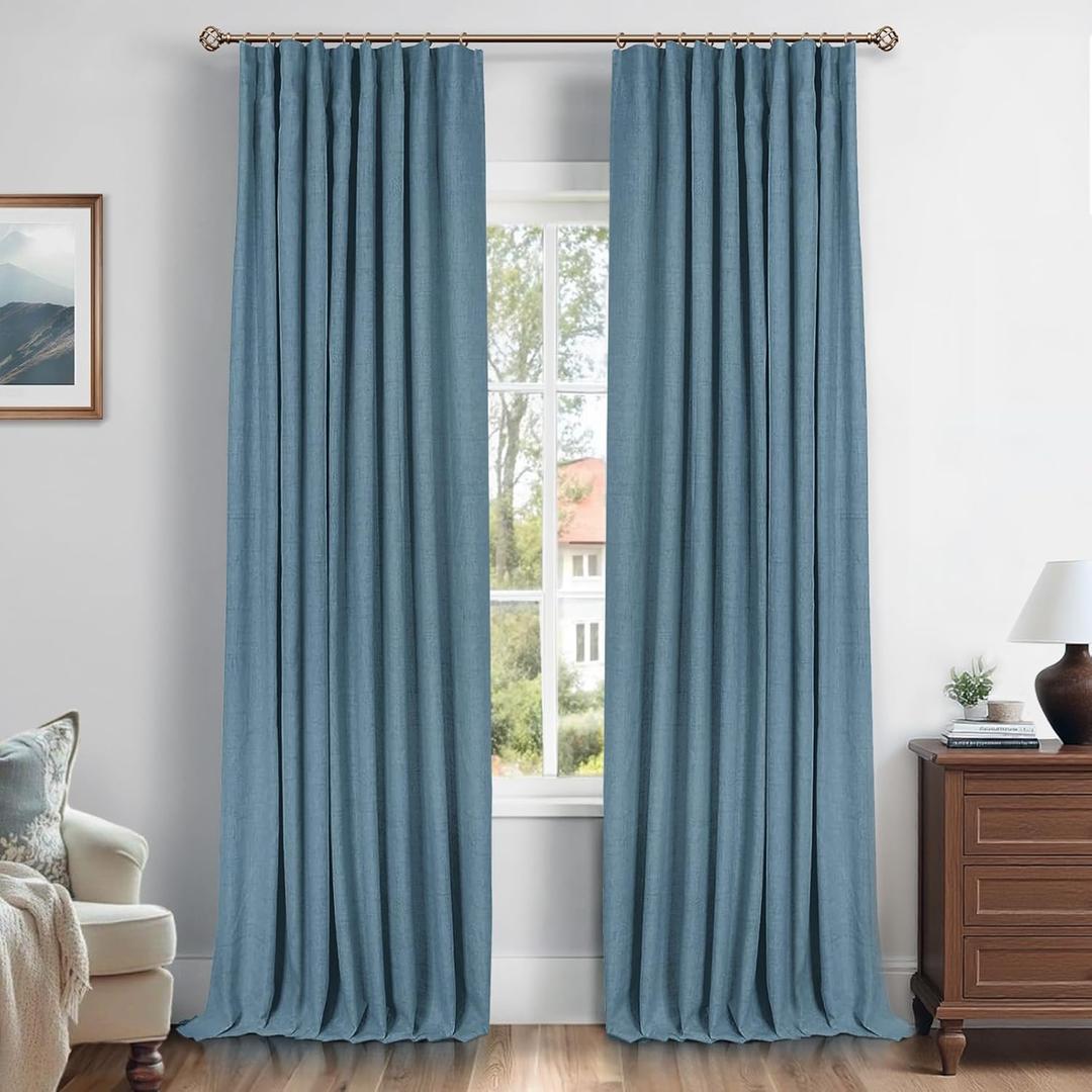 INOVADAY 100% Blackout Curtains for Bedroom, Black Out Curtains 80 Inch Long, Clip Rings Linen Blackout Drapes, Thermal Insulated Room Darkening for Living Room, 2 Panels - Stone Blue, W50xL80