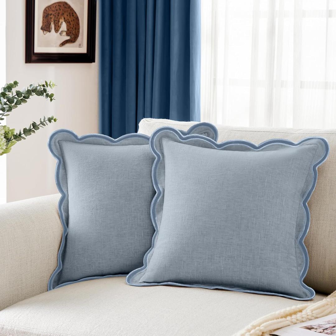 Scalloped Pillow Cover Pack of 2 Spring Chenille Decorative Throw Pillow Covers Cute Boho Couch Pillow Covers Aesthetic Funky Preppy Pillow Cases for Sofa Living Room (Misty Blue, 20x20 Inch)