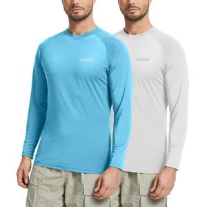 ASTRYON 2 Pack Mens Sun Protection Shirts UPF 50+ Long Sleeve Swim Rash Guard for Fishing, Running, Quick Dry Lightweight Blue White (L)
