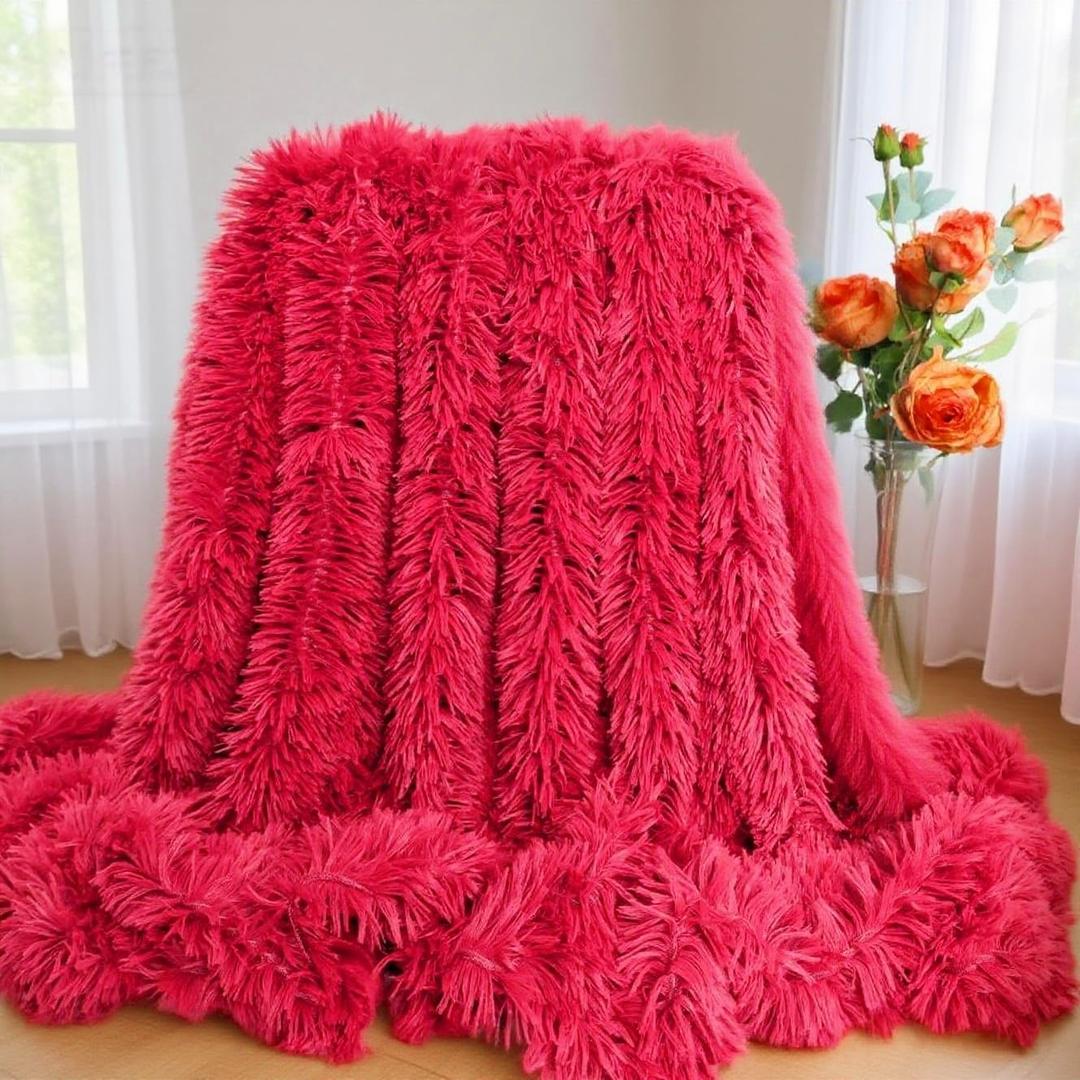 Plush Super Soft Blanket Bedding Sofa Cover Furry Fuzzy Fur Warm Throw Qulit Cozy Couch Blanket for Winter (63"x79", Pure Red)