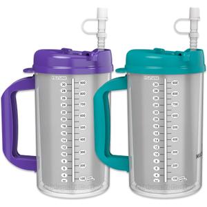 Mugs N Coffee 32 oz Travel Mugs Purple and Teal Hospital Mugs for Cold Drinks Double Wall, Large Handle BPA-Free, Leak-Resistant Includes Lids and Straws Made in USA