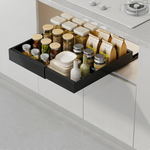 No Screw Adjustable Adhesive Pull out Cabinet Drawers,Expandable Peel & Stick Slide out Shelf, No Drill Stick on Sliding Roll out Cupboard (2 Pcs black(for cabinets with partition), 12.6-20.5”)