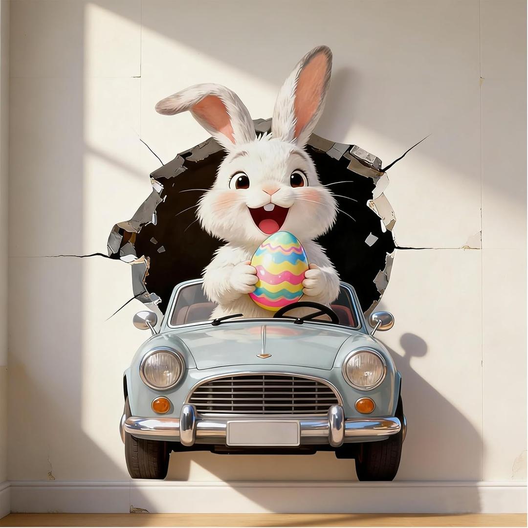 Easter Bunny Wall Decal - Removable Self-Adhesive Driving Rabbit Sticker, 30 * 40 cm Fun Easter Egg Home Decor for Living Room, Bedroom, Kitchen, Party