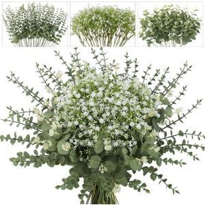 lovemoon Mixed Greenery Artificial Eucalyptus Stems, Baby Breath Artificial Flowers Bulk and Eucalyptus Leaves for Wedding Bouquets Home Office Floral Decor (100, Green and White)