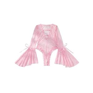 WDIRARA Women's Lace Lingerie Bodysuit Mesh Bell Long Sleeve Teddy Bodysuits Pink Small