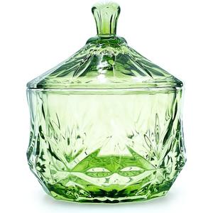8oz Glass Candy Dish with Lid,Small Crystal Chrismas Candy Jar,Cotton Round Holder,Office,Bathroom,Dining Room Organizer(Olive Green)