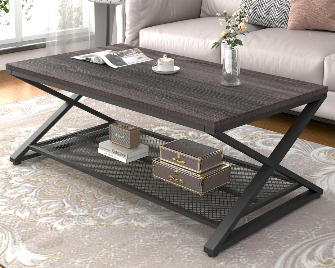 LVB Industrial Grey Coffee Table, Wood Metal 2 Tier Center Table with Storage, Rectangular Low Cocktail Table for Living Room, Farmhouse Concrete Tables for Home Office Bedroom, Dark Gray Oak, 47 Inch