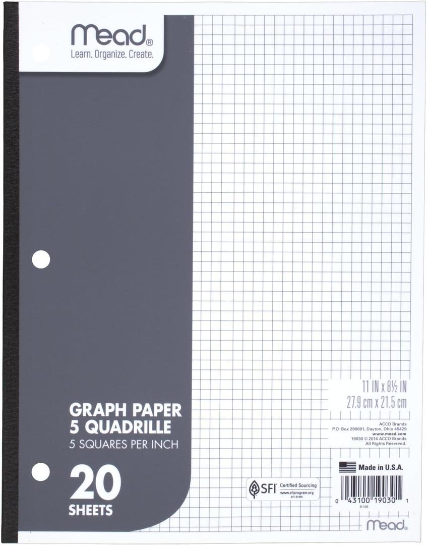 10 x Mead Graph Paper Pad, Quadrille, 5 Squares per Inch, 11" x 8-1/2", 20 Sheets, 1 Pack (19030)